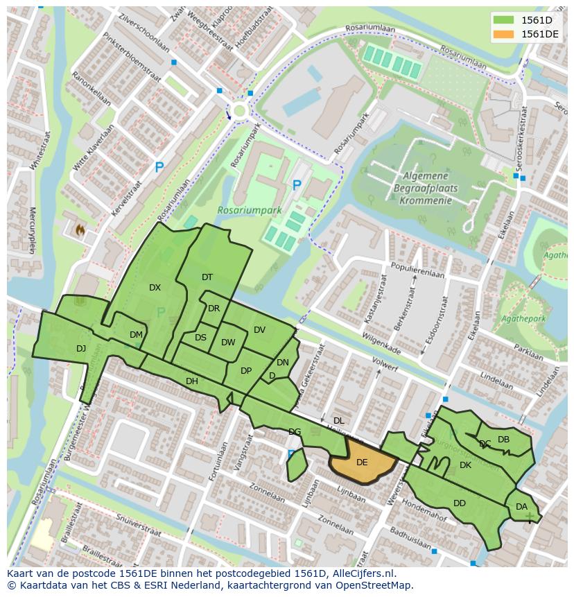 Afbeelding van het postcodegebied 1561 DE op de kaart.