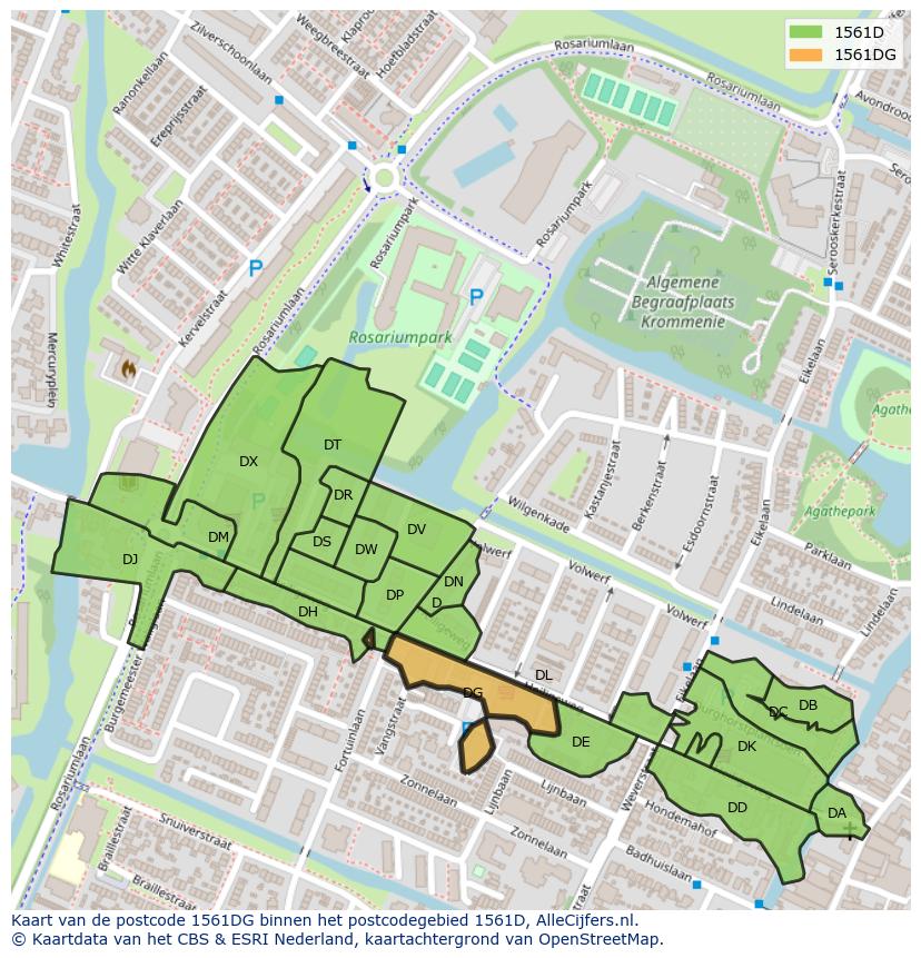 Afbeelding van het postcodegebied 1561 DG op de kaart.