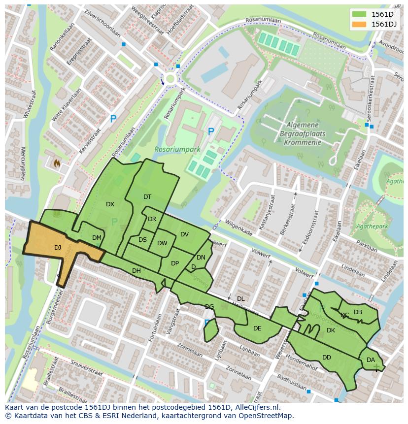 Afbeelding van het postcodegebied 1561 DJ op de kaart.