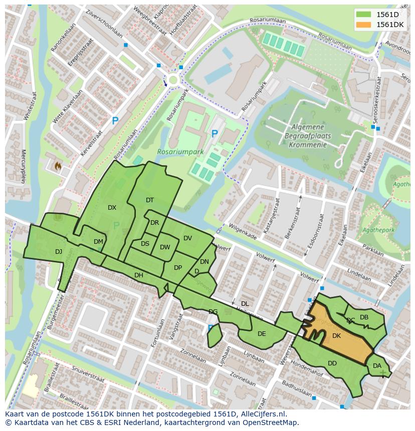 Afbeelding van het postcodegebied 1561 DK op de kaart.