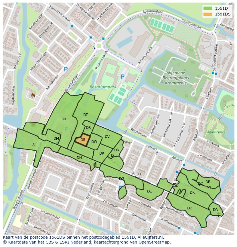 Afbeelding van het postcodegebied 1561 DS op de kaart.