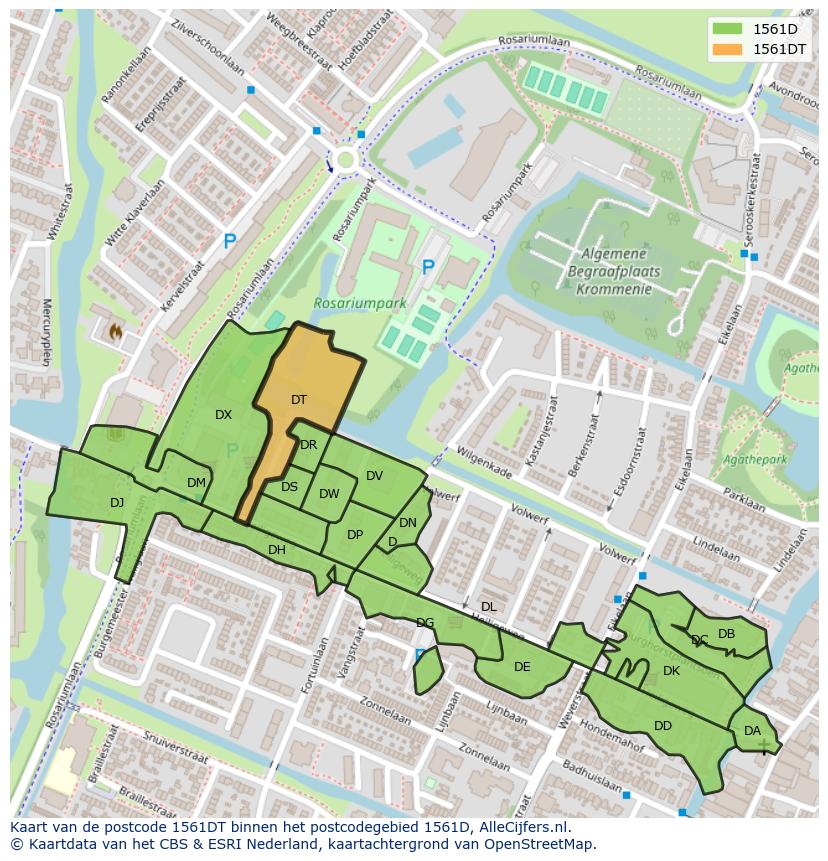 Afbeelding van het postcodegebied 1561 DT op de kaart.