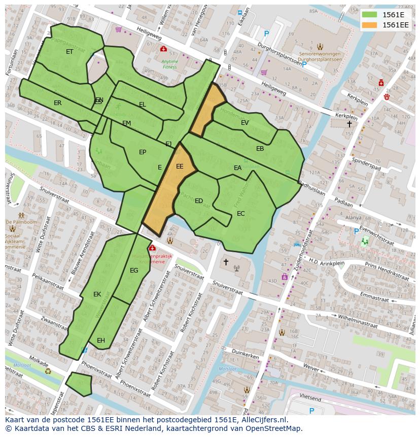 Afbeelding van het postcodegebied 1561 EE op de kaart.