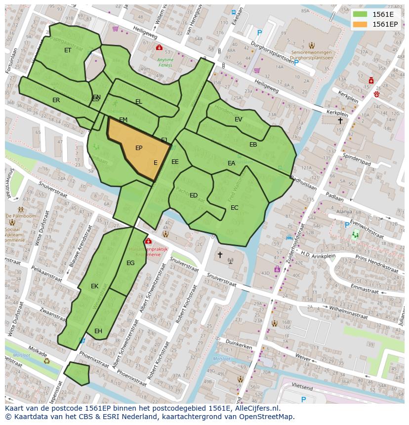 Afbeelding van het postcodegebied 1561 EP op de kaart.