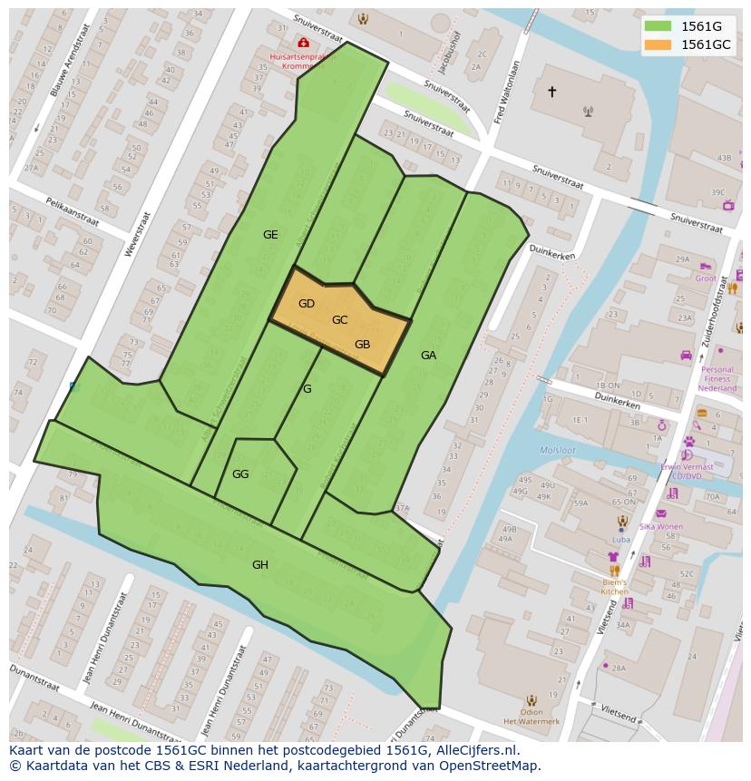 Afbeelding van het postcodegebied 1561 GC op de kaart.