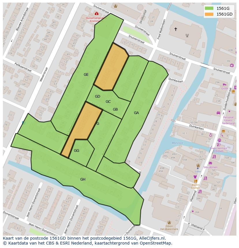 Afbeelding van het postcodegebied 1561 GD op de kaart.