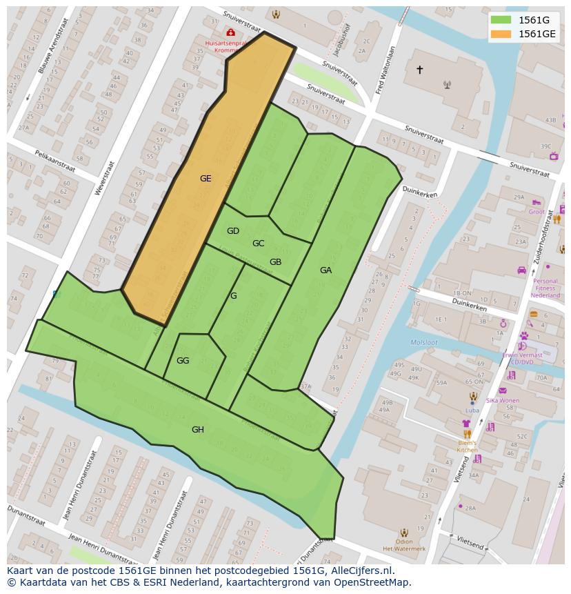 Afbeelding van het postcodegebied 1561 GE op de kaart.