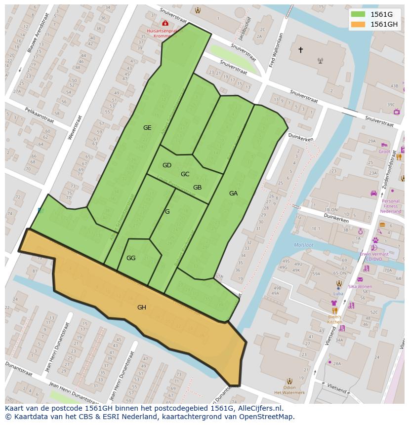 Afbeelding van het postcodegebied 1561 GH op de kaart.