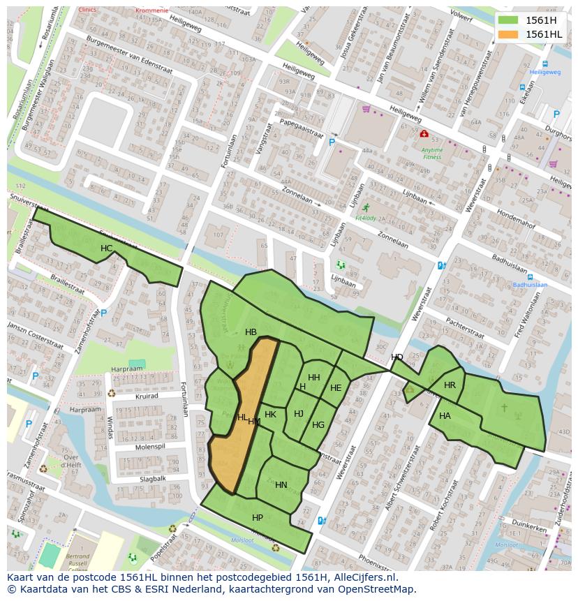 Afbeelding van het postcodegebied 1561 HL op de kaart.