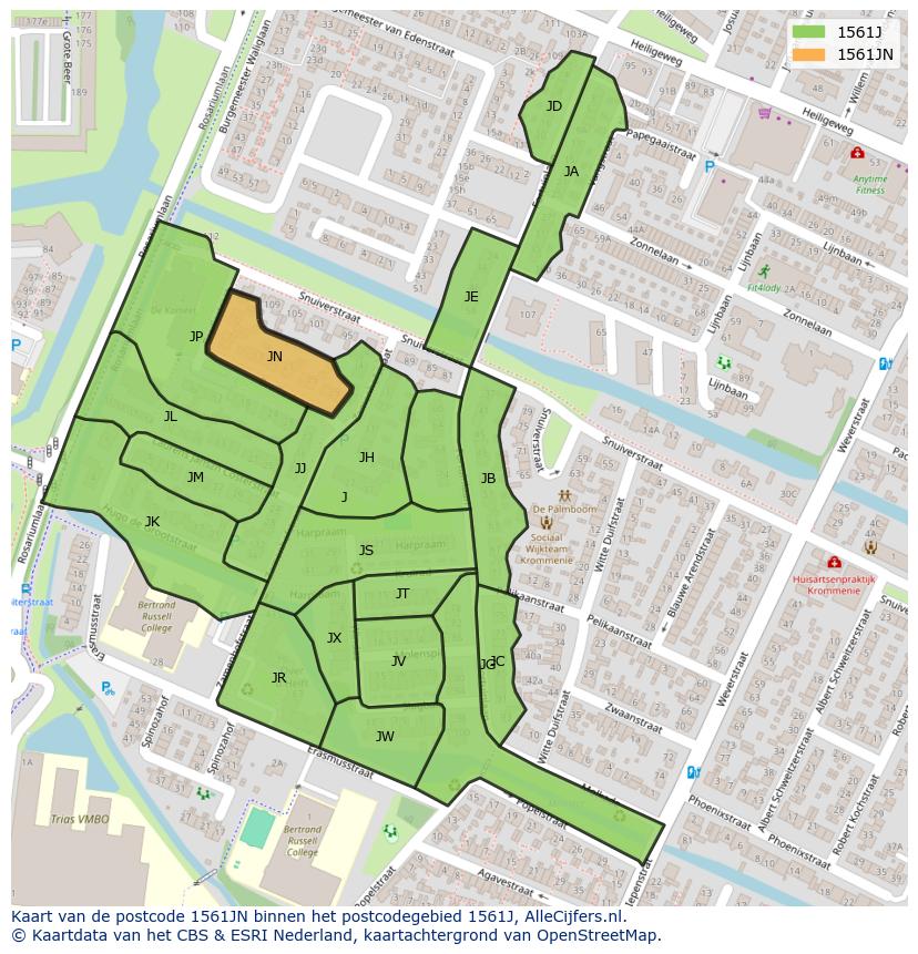 Afbeelding van het postcodegebied 1561 JN op de kaart.