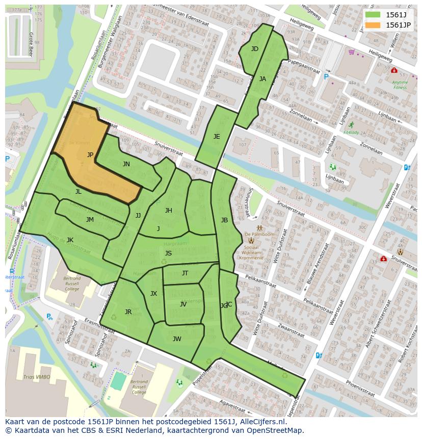 Afbeelding van het postcodegebied 1561 JP op de kaart.