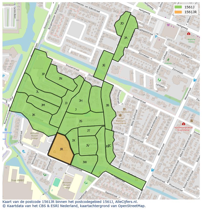 Afbeelding van het postcodegebied 1561 JR op de kaart.