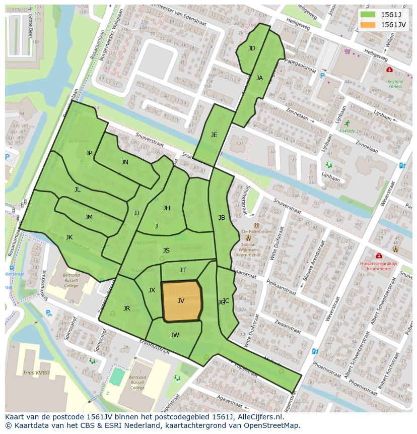 Afbeelding van het postcodegebied 1561 JV op de kaart.