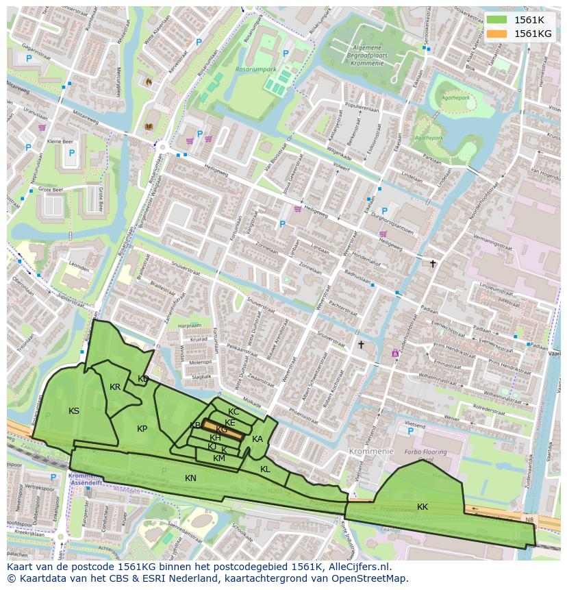 Afbeelding van het postcodegebied 1561 KG op de kaart.