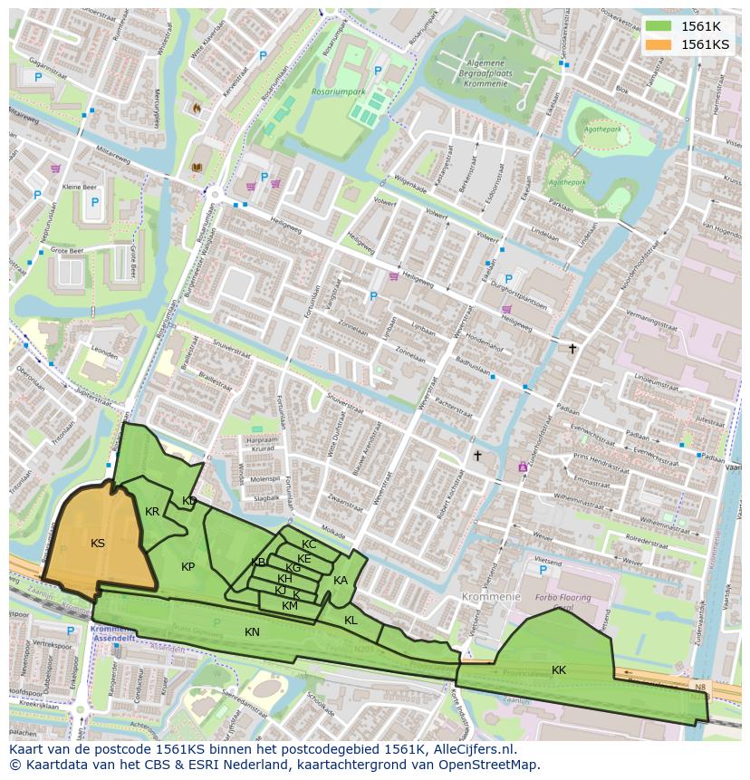 Afbeelding van het postcodegebied 1561 KS op de kaart.
