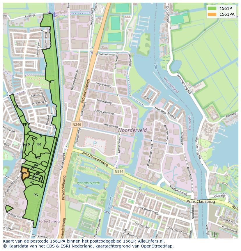 Afbeelding van het postcodegebied 1561 PA op de kaart.