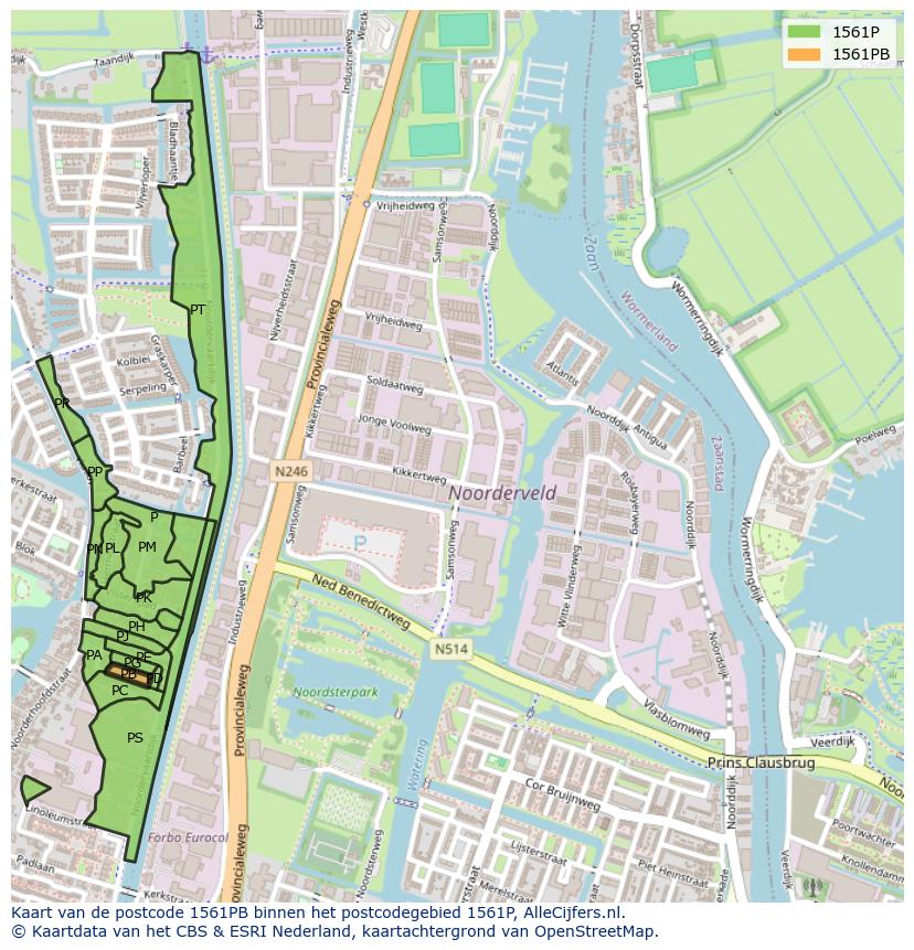 Afbeelding van het postcodegebied 1561 PB op de kaart.