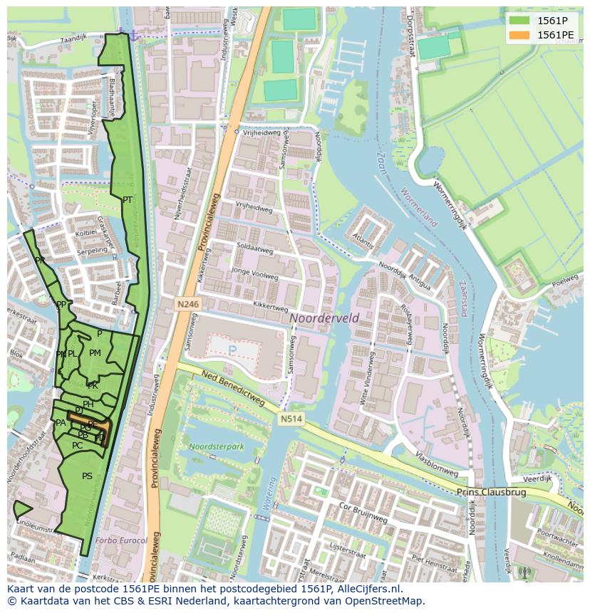 Afbeelding van het postcodegebied 1561 PE op de kaart.