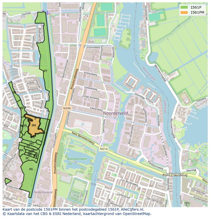 Afbeelding van het postcodegebied 1561 PM op de kaart.