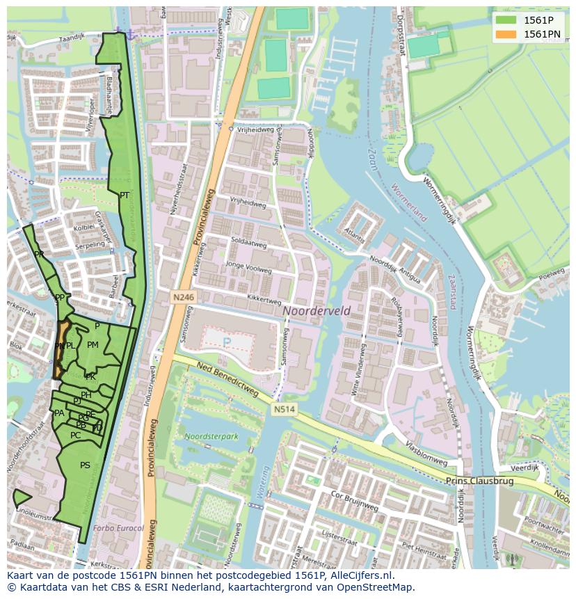 Afbeelding van het postcodegebied 1561 PN op de kaart.