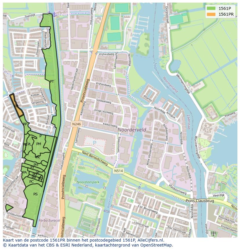 Afbeelding van het postcodegebied 1561 PR op de kaart.