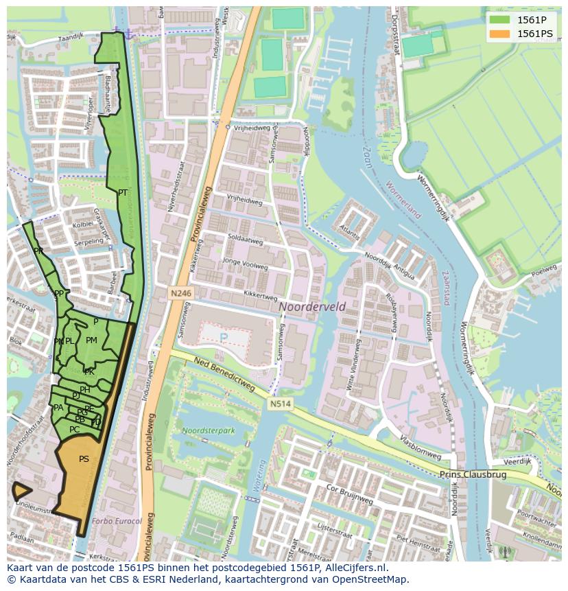 Afbeelding van het postcodegebied 1561 PS op de kaart.