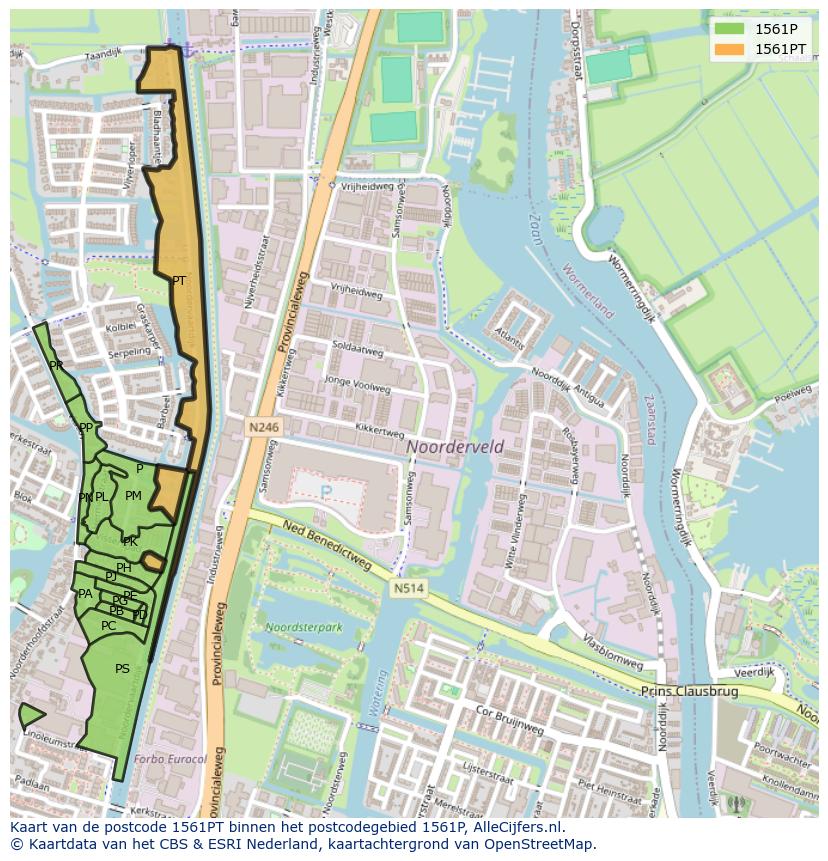 Afbeelding van het postcodegebied 1561 PT op de kaart.