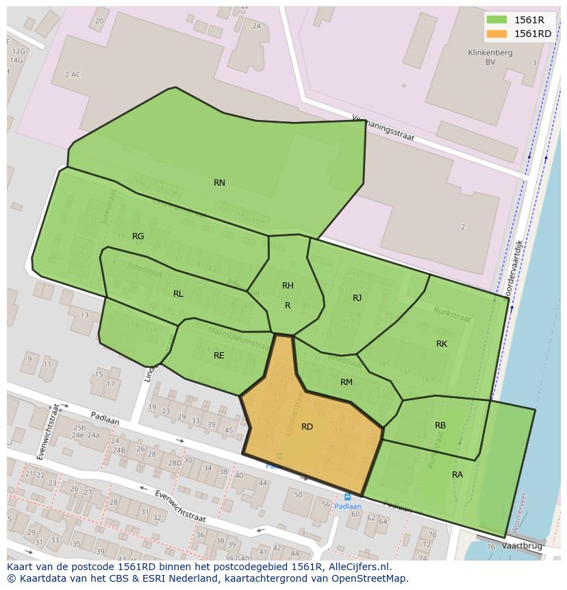 Afbeelding van het postcodegebied 1561 RD op de kaart.