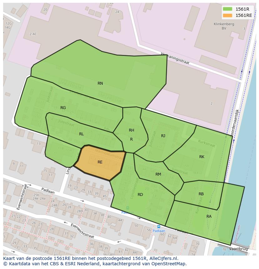 Afbeelding van het postcodegebied 1561 RE op de kaart.