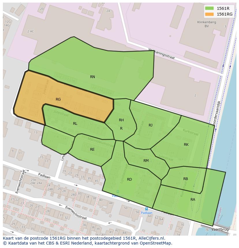 Afbeelding van het postcodegebied 1561 RG op de kaart.
