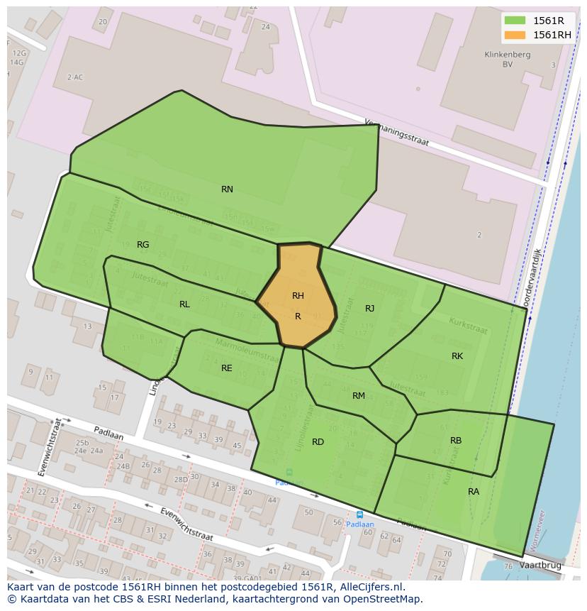 Afbeelding van het postcodegebied 1561 RH op de kaart.