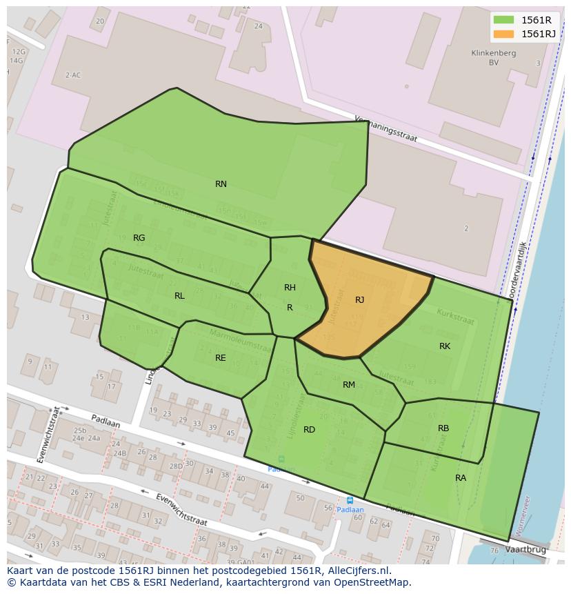 Afbeelding van het postcodegebied 1561 RJ op de kaart.