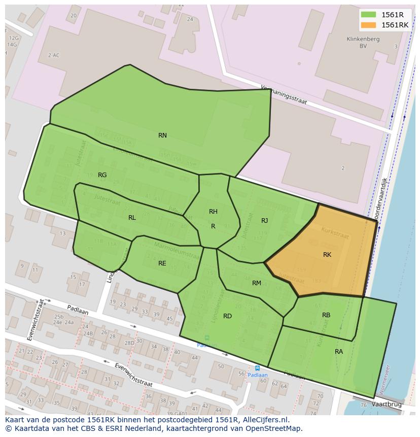 Afbeelding van het postcodegebied 1561 RK op de kaart.