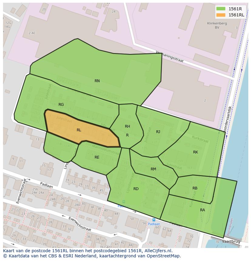 Afbeelding van het postcodegebied 1561 RL op de kaart.
