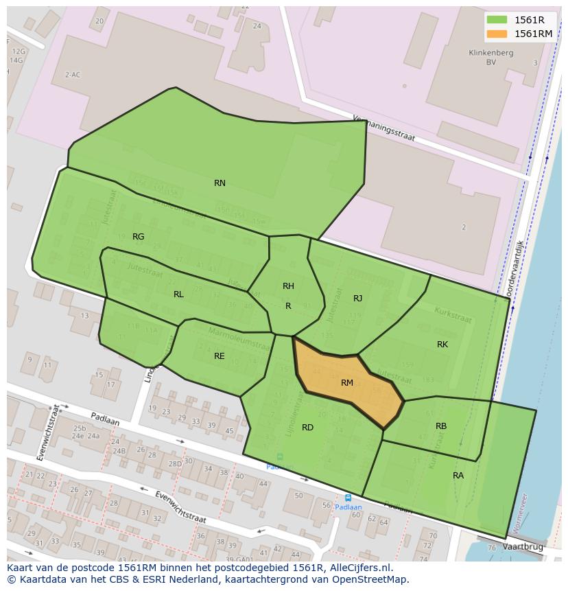 Afbeelding van het postcodegebied 1561 RM op de kaart.