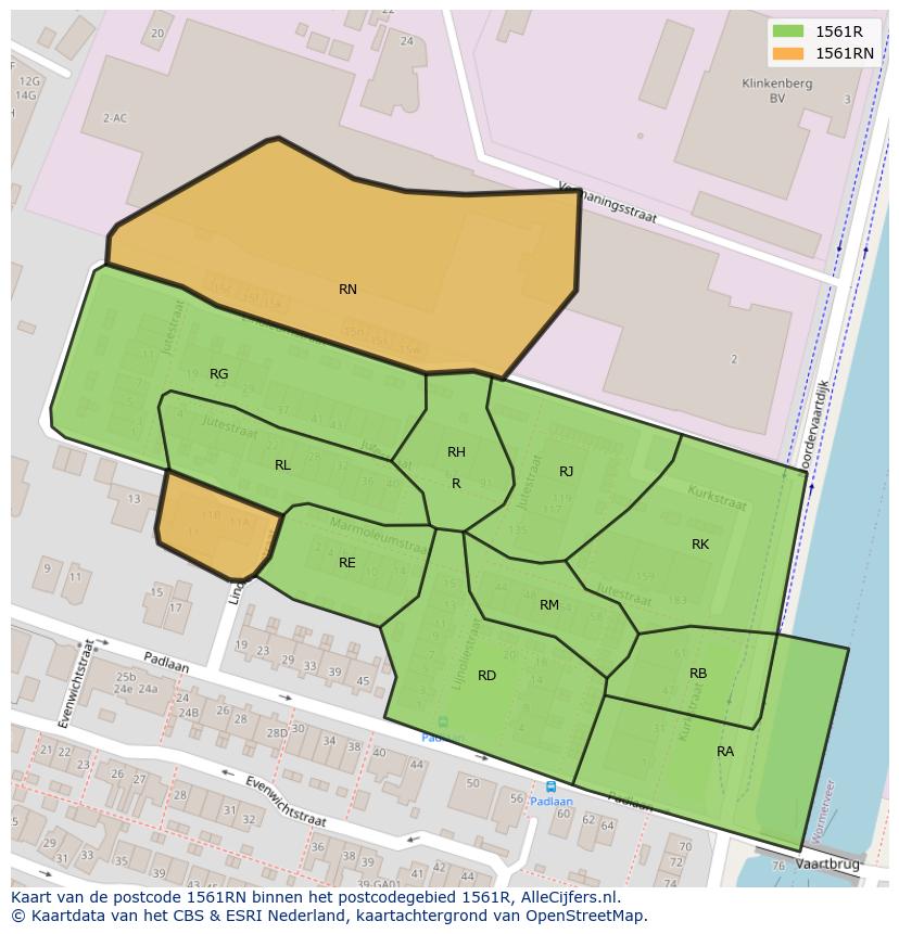 Afbeelding van het postcodegebied 1561 RN op de kaart.