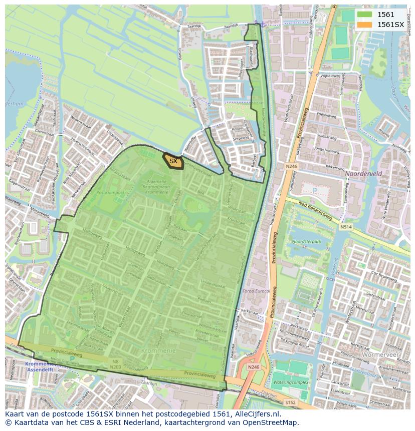 Afbeelding van het postcodegebied 1561 SX op de kaart.