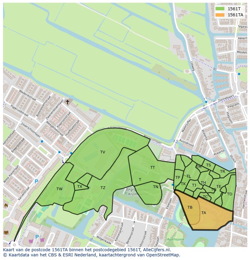 Afbeelding van het postcodegebied 1561 TA op de kaart.