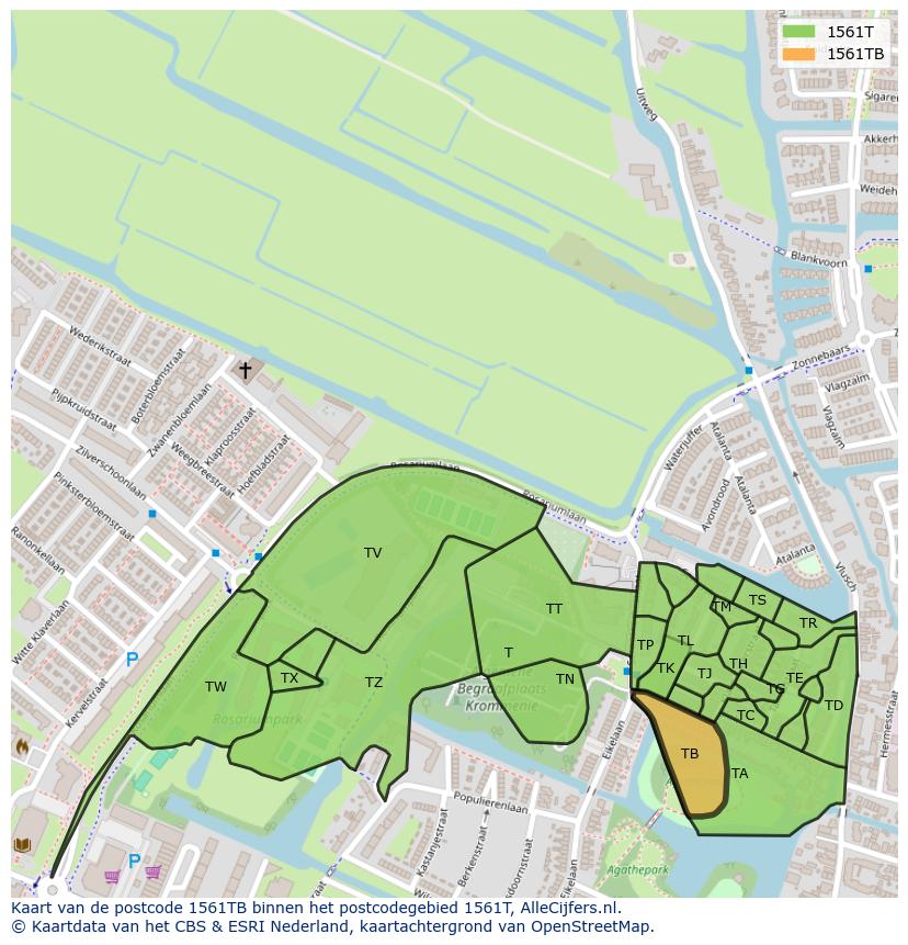 Afbeelding van het postcodegebied 1561 TB op de kaart.