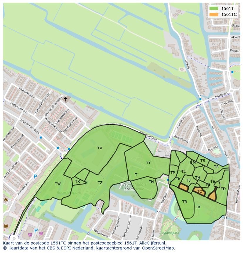 Afbeelding van het postcodegebied 1561 TC op de kaart.