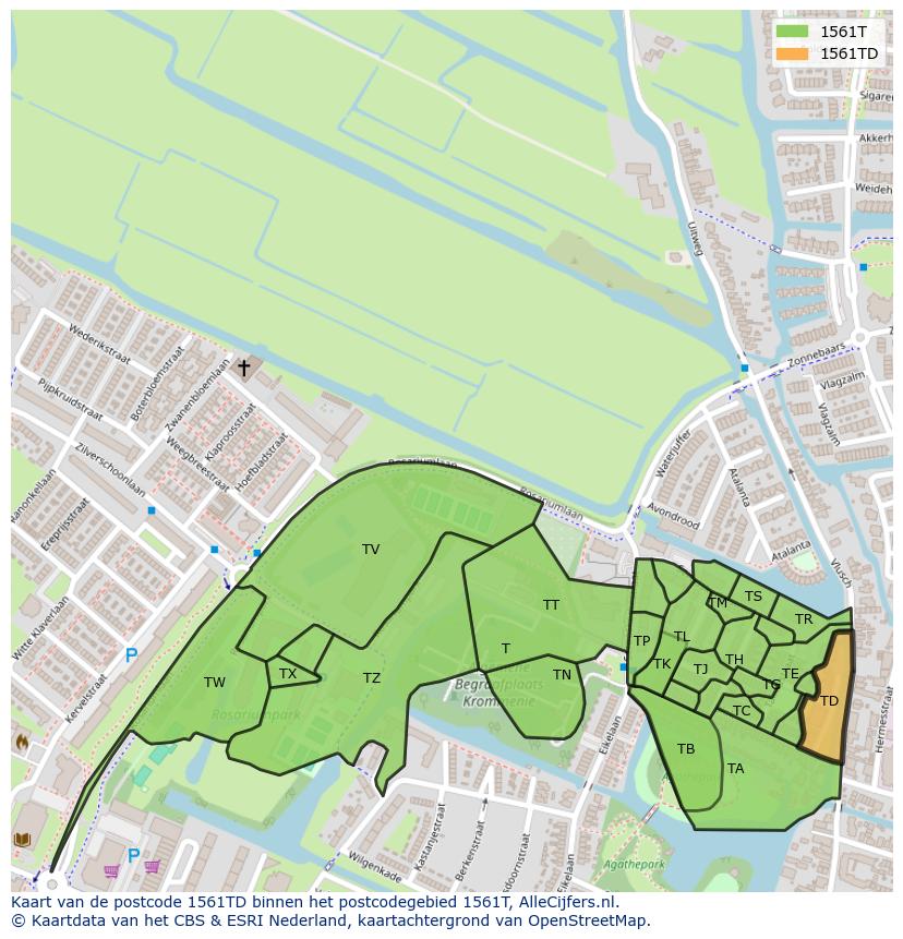 Afbeelding van het postcodegebied 1561 TD op de kaart.