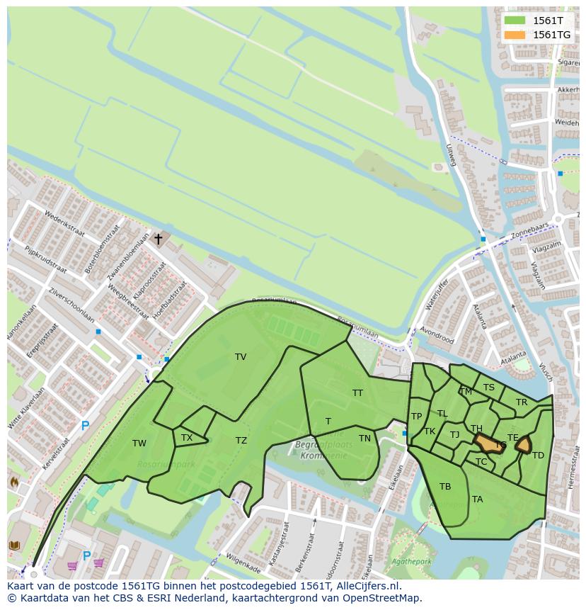Afbeelding van het postcodegebied 1561 TG op de kaart.