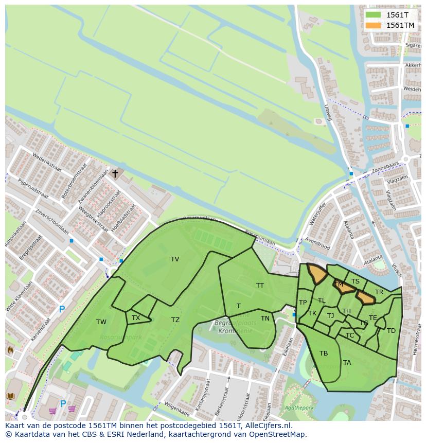 Afbeelding van het postcodegebied 1561 TM op de kaart.