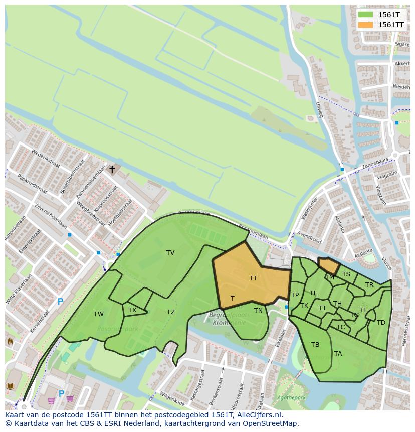 Afbeelding van het postcodegebied 1561 TT op de kaart.