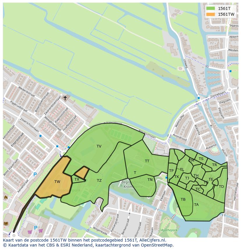 Afbeelding van het postcodegebied 1561 TW op de kaart.