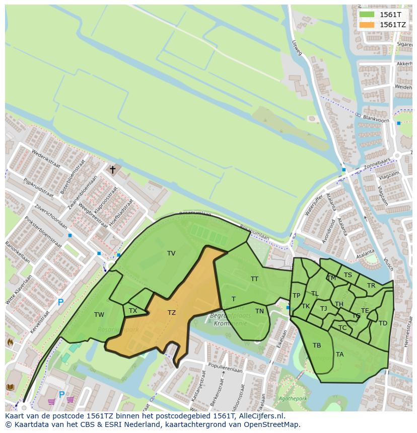 Afbeelding van het postcodegebied 1561 TZ op de kaart.