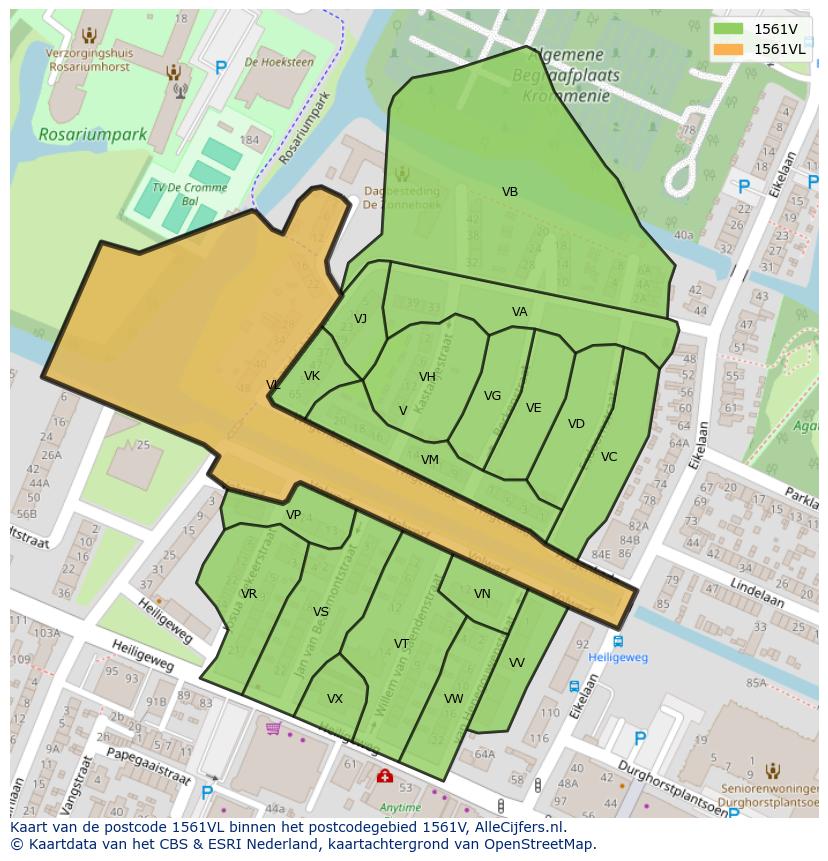 Afbeelding van het postcodegebied 1561 VL op de kaart.