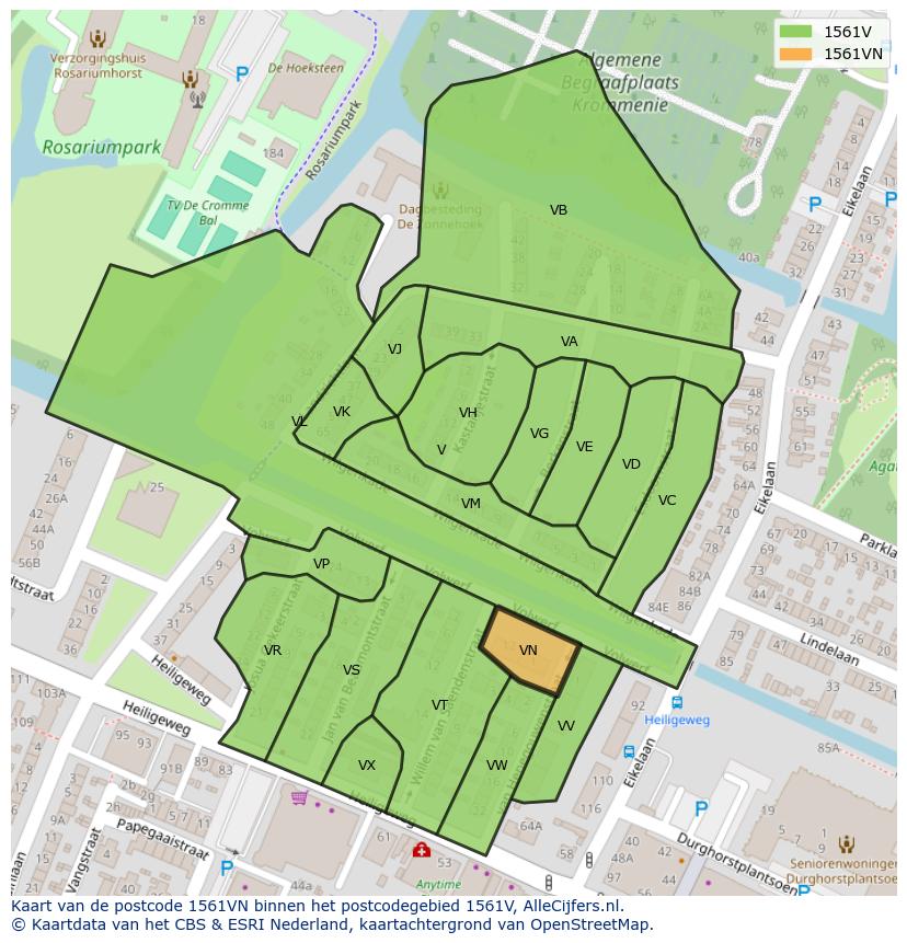 Afbeelding van het postcodegebied 1561 VN op de kaart.
