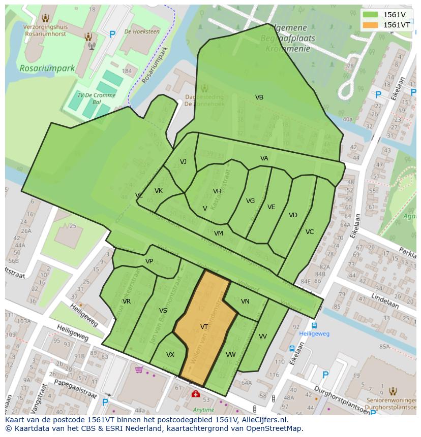 Afbeelding van het postcodegebied 1561 VT op de kaart.