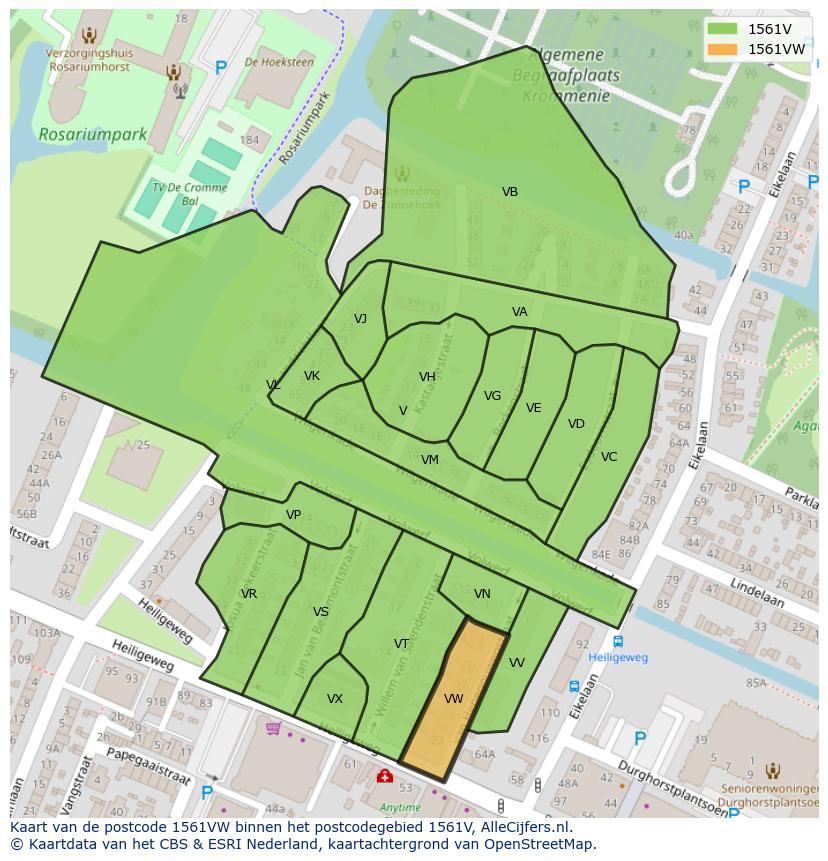 Afbeelding van het postcodegebied 1561 VW op de kaart.